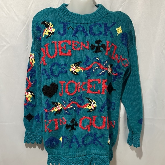 Teal Vegas Sweater Hand Knit Cotton Crochet Cuff Queen King Jack Joker Gambler - Picture 2 of 9